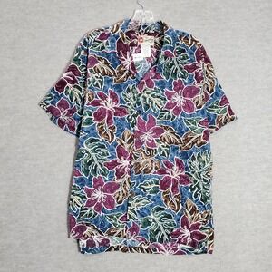 VINTAGE Hilo Hattie Men Button Up Shirt Large Blue Floral Made in Hawaii USA
